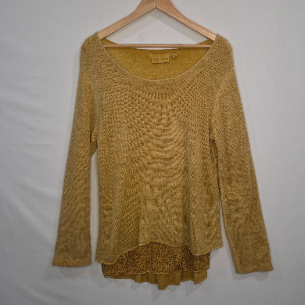 Belle France Italy Mustard Open Knit Sweater Floral Hem Boho Lagenlook XL